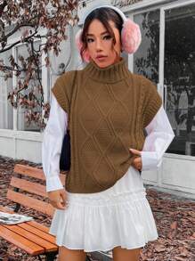 Flirla Solid Color High-neck Sweater Vest For Women
