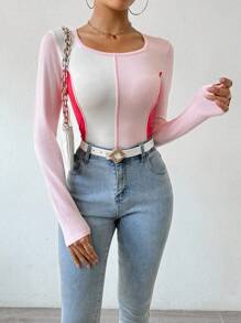 Chiquease Contrast Color Long Sleeve Knit Pullover Fall Winter Sweater - Pink - View 6