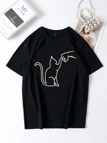 Flirla 大碼貓卡通印花t恤 - 黑色 - 查看 1