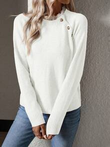 SHEIN Privé Màu thuần Đứng cổ áo Chi tiết Nút Áo len - trắng - Xem 6