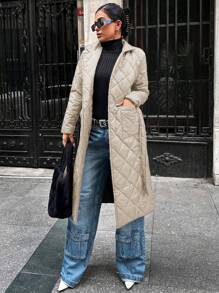 EURMUSE Women'S Belted Padded Coat With Double Pockets - Krem - View 5
