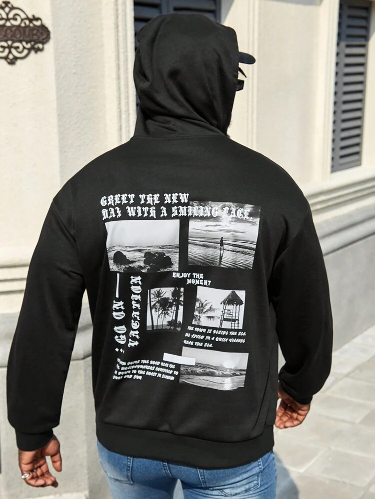 Men's Plus Size Slogan Printed Kangaroo Pocket Drawstring Hoodie