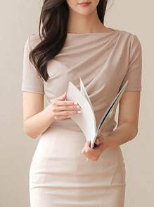 DAZY Solid Color Short Sleeve T-shirt With Pleats - Apricot - View 2