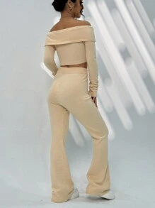 SHEIN Unity Conjunto De Dos Piezas De Pantalón Largo Y Top De Manga Larga Con Hombros Descubiertos Lisos - Albaricoque - Ver 2