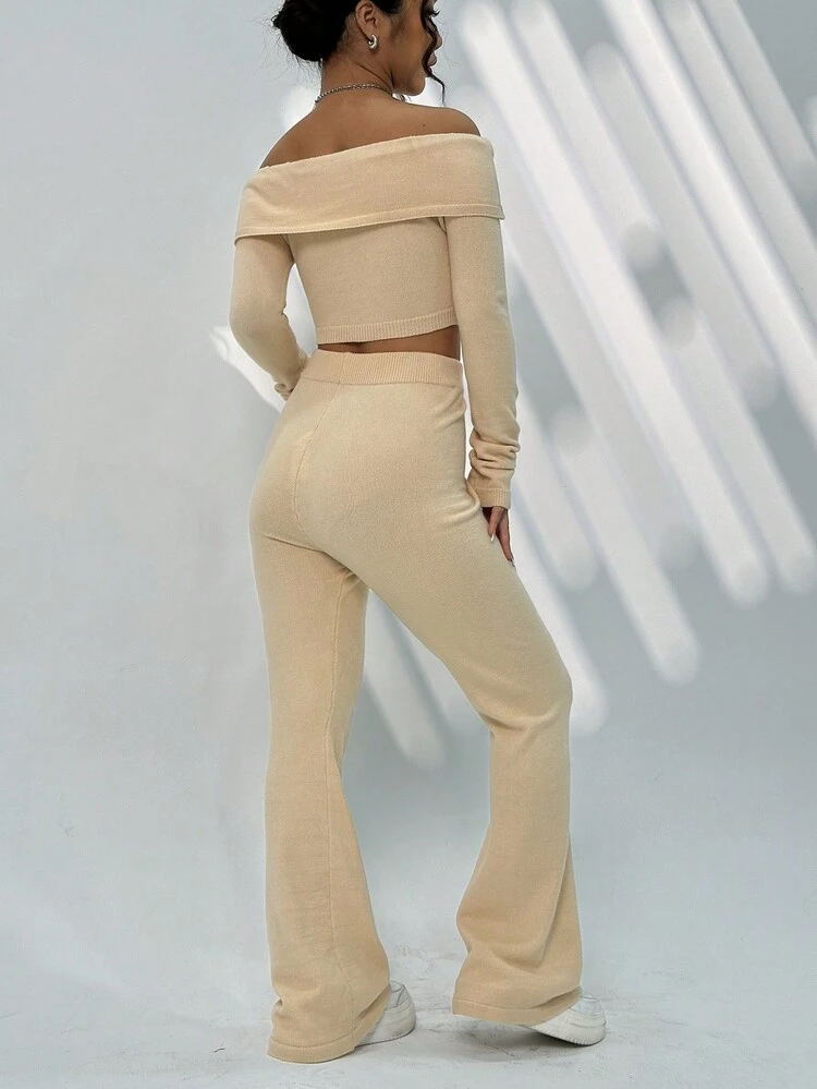 Plain Off Shoulder Long Sleeve Top And Long Pants Two Piece Set Fall Cloth For Women