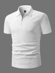 Manfinity Homme Men Short Sleeve Ribbed Collar Plain Casual Polo Shirt, For Going Out, For Husband, Mens Zipper Polo Shirt, Mens Ribbed Polo Shirt, Mens Fitted Polo Shirt