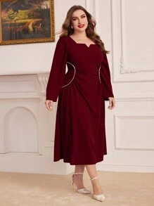 Modelyn 勃艮第红色大码女式灯笼袖连衣裙 - 酒紅色 - 查看 1