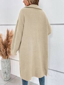 SHEIN Essnce Nút Lên Áo len Mở Áo len Với Túi kép - Màu Khaki - Xem 2