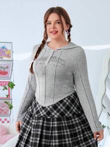 SHEIN EZwear Plus Size Women's Letter Printed Hooded Long Sleeve T-shirt - Grey - View 5