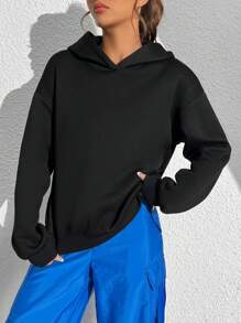 SHEIN Unity 女士卡通字母图案连帽休闲卫衣套头衫秋季卫衣 - 黑色 - 查看 5