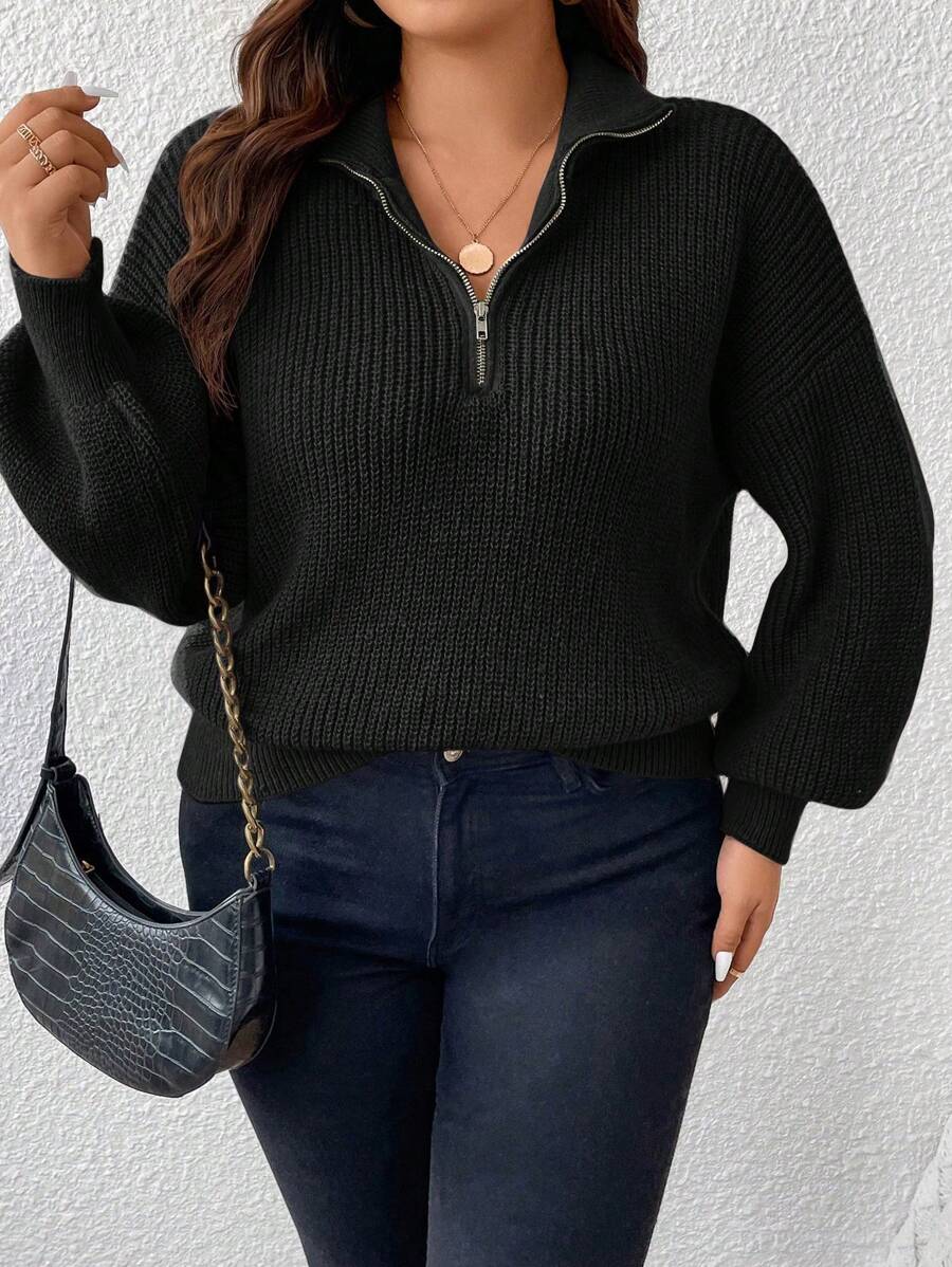 SHEIN Frenchy 大尺寸拉鍊設計羅紋毛衣套頭衫 - 黑色 - 查看 1