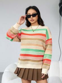 GENKIRA Drop Shoulder Stripe Knit Pullover Fall Winter Sweater - Multicolor - View 4