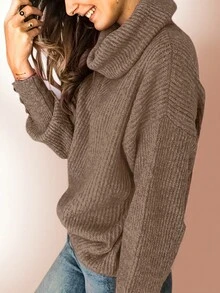 Women's Loose High Neck Sweater, Casual Formal Ribbed Knit Button Up Long Sleeve Pullover, Nutmeg Color, Long Sleeve Top - Mocha Brown - View 7