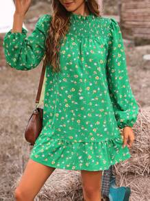 SHEIN Frenchy Floral Print Frilled Hem Dress - Green - View 1