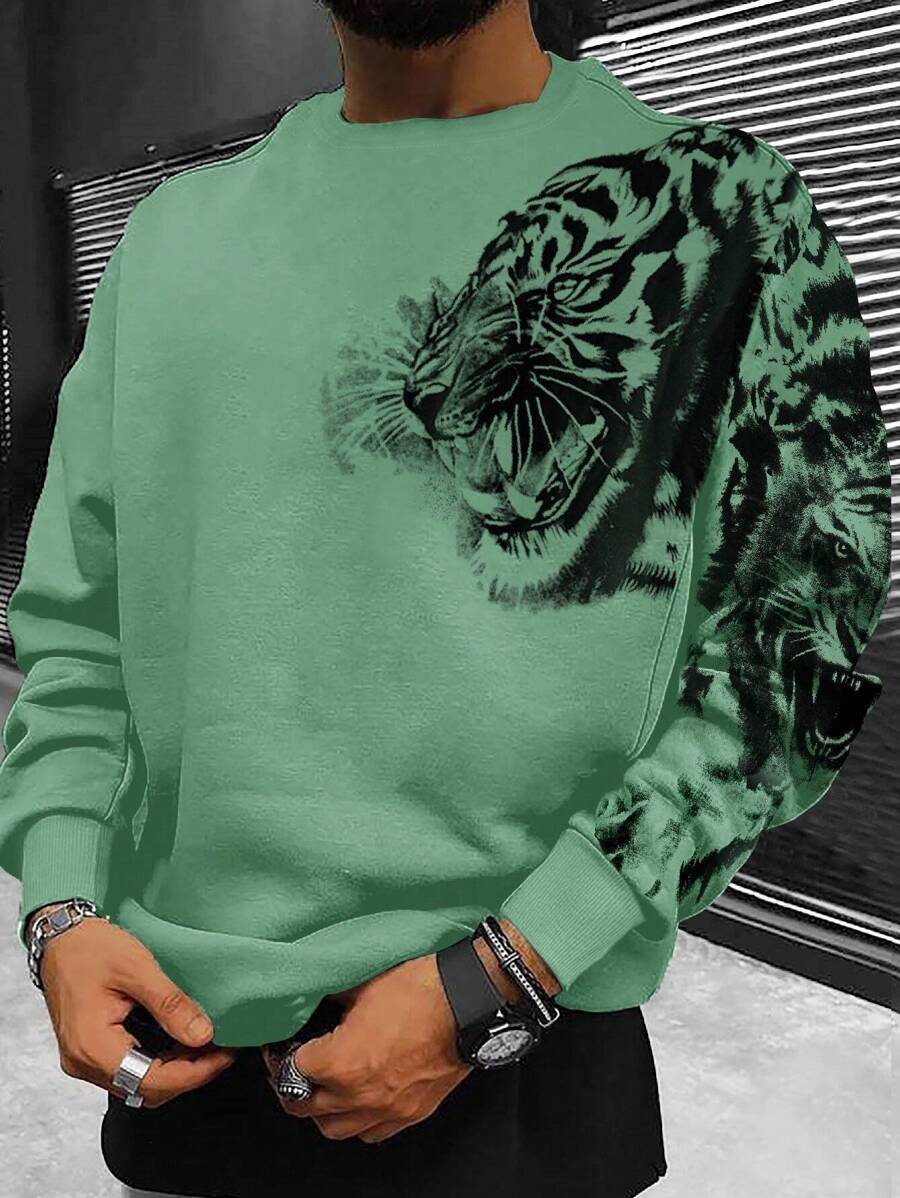 Manfinity LEGND Sudadera Holgada Para Hombre Con Estampado De Tigre - Verde - Ver 1