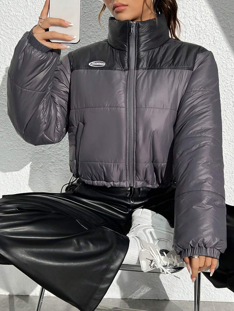 Color-Blocking Stand Collar Drawstring Hem Padded Padded Coat Clothes Winter Fall Cloth For Women