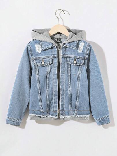 SHEIN 青少年男孩連帽拉鍊閉合休閒牛仔外套，2合1設計