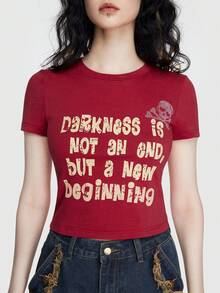 ROMWE Street Life Pha lê Hình đầu lâu In Khẩu hiệu Áo thun - Đỏ - Xem 6