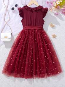 SHEIN Tween Girl Mesh Spliced Dress With Bow Decoration,Holiday,Summer,Travel,Christmas Clothes - Burgundy - View 2