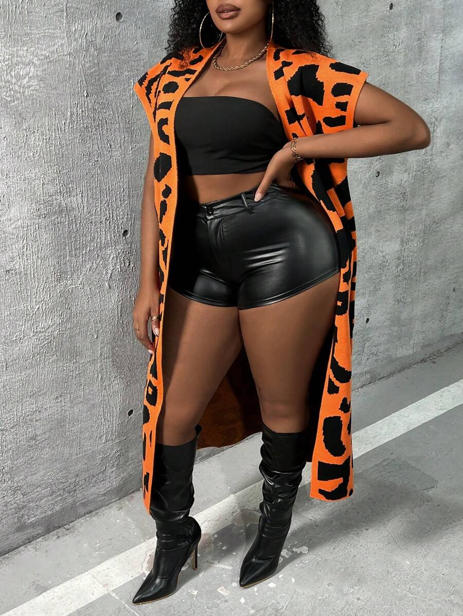 Slaydiva Plus Size Women's Leopard Print Cardigan - Orange - View 1