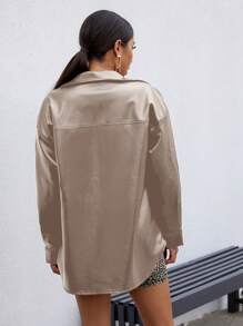 EURMUSE Lapel Pocket Drop Shoulder Pu Leather Jacket - Beige - View 2