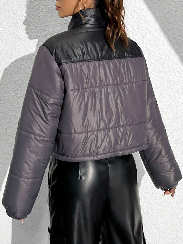 Color-Blocking Stand Collar Drawstring Hem Padded Padded Coat Clothes Winter Fall Cloth For Women