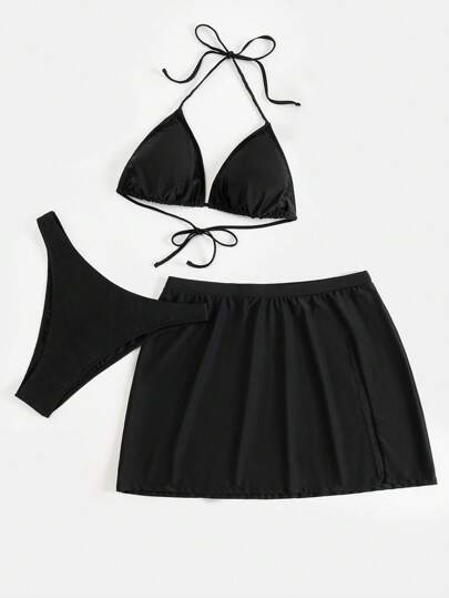 SHEIN Swim Curve Plus Size Solid Color Triangle Cup Halter Bikini Set 3pcs Summer Beach