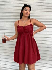 SHEIN EZwear 大尺碼純色细肩带裙 - 玫瑰紅 - 查看 3