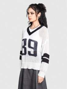 ROMWE Grunge Punk Women's Contrast Color Digital Pattern V-neck Sweater - Black and White - View 5