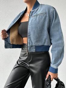 RueChic Women's Baseball Collar Cropped Denim Jacket - Medium Wash - View 3