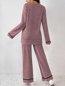 SHEIN Frenchy 女士v領下垂肩綁帶口袋長袖t恤和褲子兩件套裝 - 藕粉色 - 查看 2