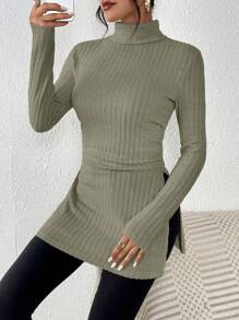 SHEIN Frenchy High Neck Split Hem T-shirt - Green - View 1