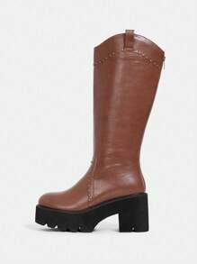 SheIn ICON Casual Women'S Reddish Brown High Heel Knee-High Boots With Back Zipper And Stud Decor