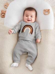 SHEIN Baby Boy Three-Color Rainbow Embroidery Round Neck Sweatshirt And Pants Set - Light Grey - View 4