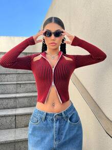 SHEIN ICON Ladies' Sleeveless Cutout Shoulder Zipper Front Cardigan With Striped Pattern - Multicolor - View 3