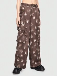 ROMWE Grunge Punk Star Printed Cargo Pants With Large Pockets - Brown - View 5