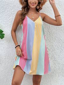 SHEIN VCAY Vestido Con Tirantes Finos A Rayas Y Bloques De Color Para Mujer