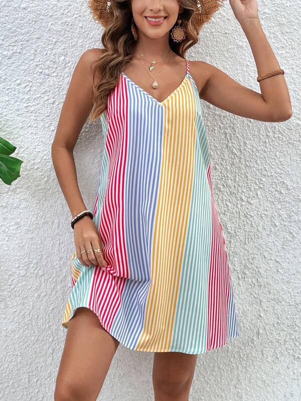 SHEIN VCAY Rochie de damă cu dungi cu bretele spaghete colorblock