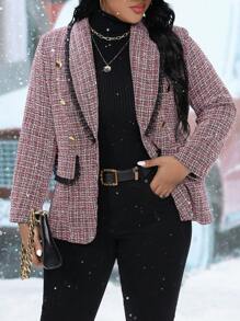 Celure Plus Plaid Pattern Lace Trim Shawl Collar Tweed Blazer - Red - View 4