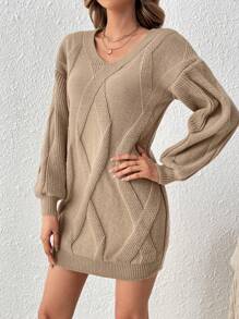 SHEIN Frenchy Drop Shoulder Sweater Dress Without Belt - Camel - View 3