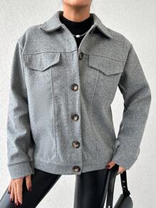 EURMUSE Woolen Coat With Lapel & Drop Shoulder Design - Grey - View 4