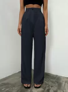RueChic Solid Color High Waisted Straight Leg Suit Pants - Navy Blue - View 3