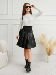 RueChic Teen Girls' Pleated Faux Leather Mini Skirt - Black - View 4