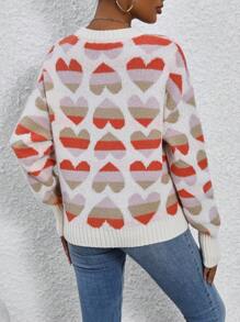 SHEIN LUNE Heart Pattern Drop Shoulder Knit Pullover Fall Winter Sweater - Multicolor - View 2