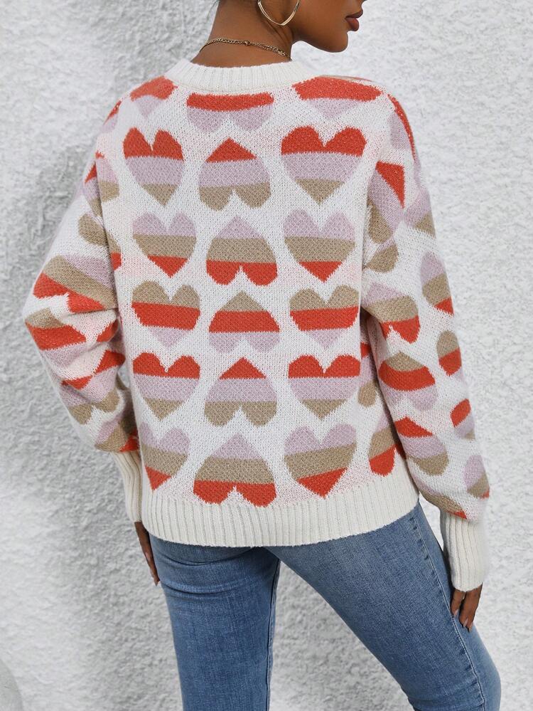Heart Pattern Drop Shoulder Knit Pullover Fall Winter Sweater