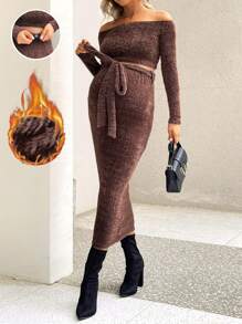 SHEIN Maternity Fashionable Off-Shoulder Top And Skirt Two Piece Set - Brown - View 1