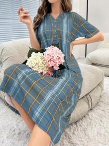 Plaid Printed Short Sleeve Sleep Dress Pajama Dress