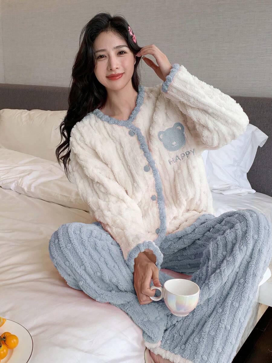 DAZY Cartoon Pattern V-neck Long Sleeve Furry Pajama Set - Blue - View 1