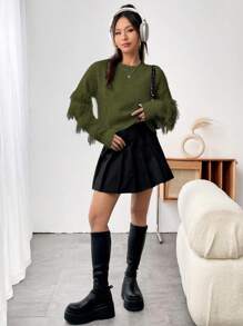 SHEIN Unity 女士休闲纯色落肩流苏下摆针织套头衫秋冬毛衣 - 橄欖綠 - 查看 4