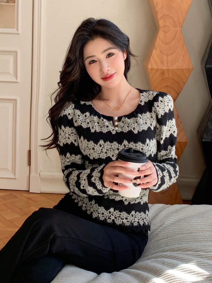 DAZY Faux Pearl Decorated Long Sleeve Top,Fall Clothes - Black - View 1